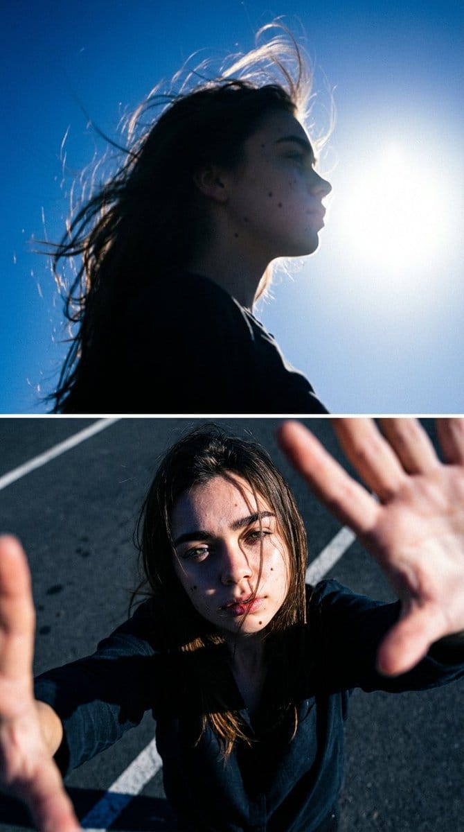 Cinematic Diptych with Identity Lock and Blue Tones