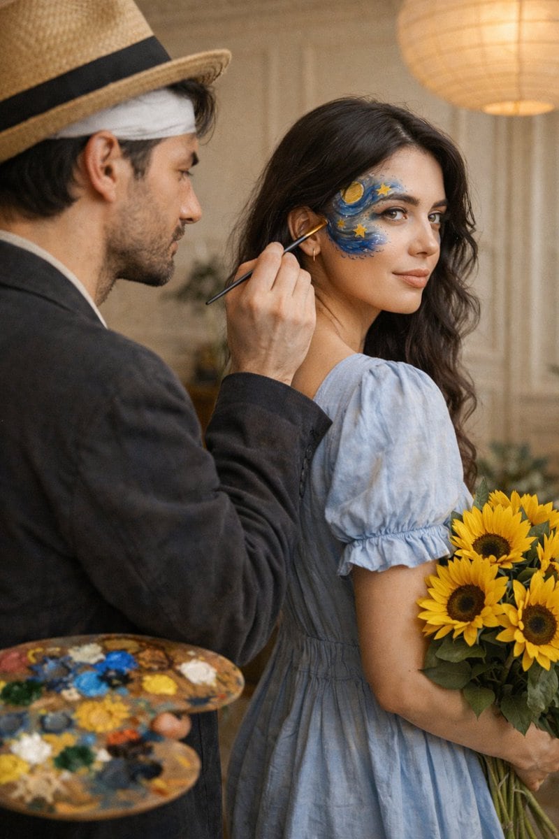 Cinematic Editorial Couple Portrait with Starry Night Face Paint