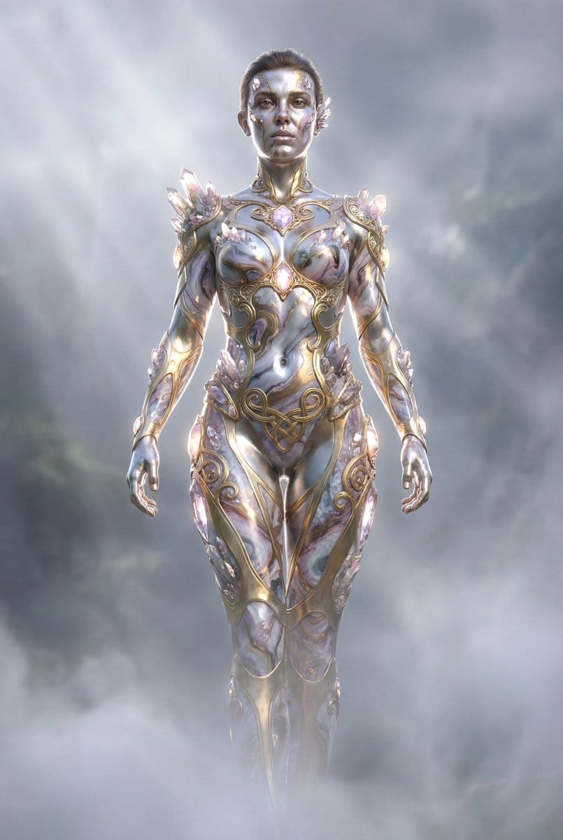 Cinematic fantasy silhouette art with metallic skin prompt