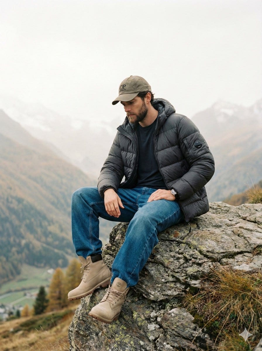 Cinematic Fashion Editorial Image Prompt for Male Subject in Swiss Alps