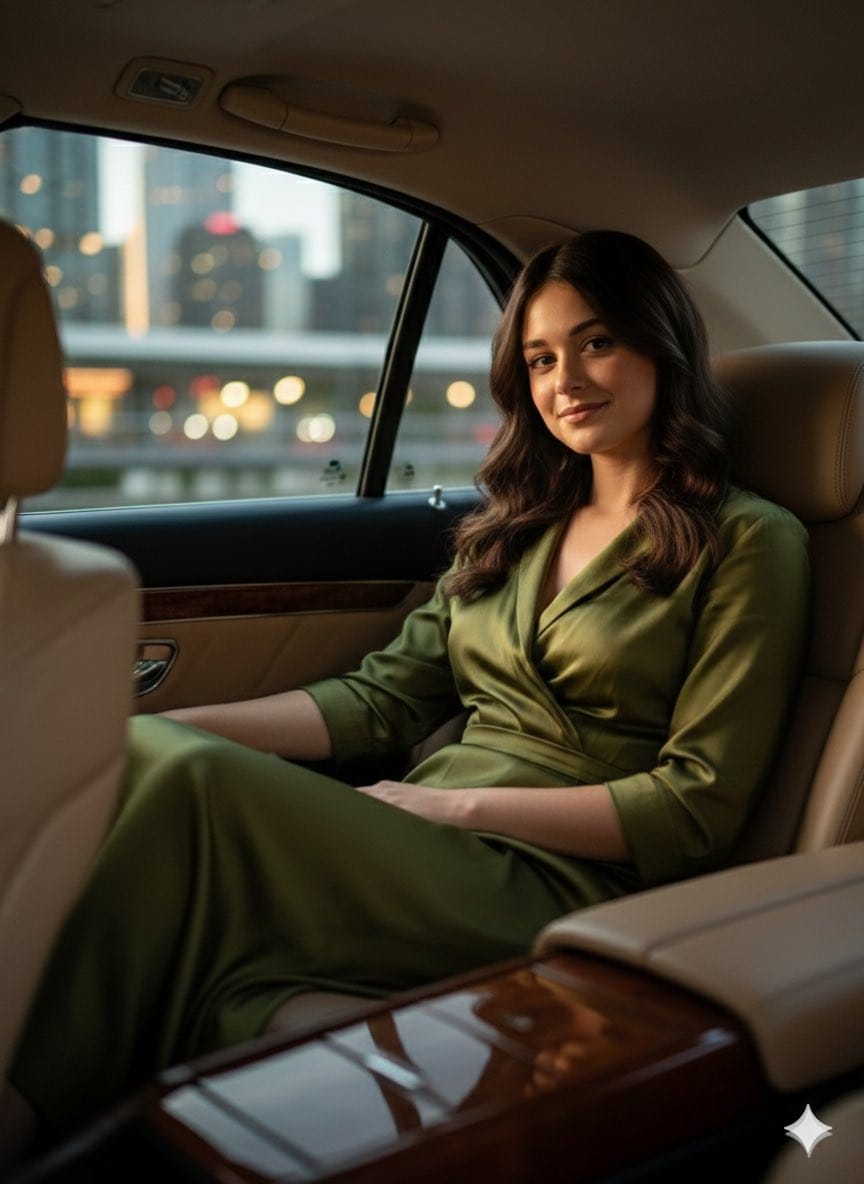 Cinematic fashion portrait in a luxury car interior