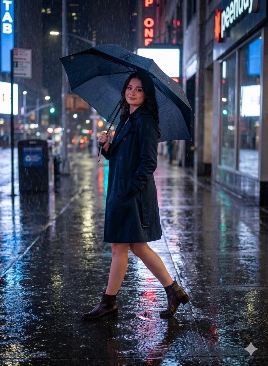 Cinematic Fashion Portrait on Rainy Street