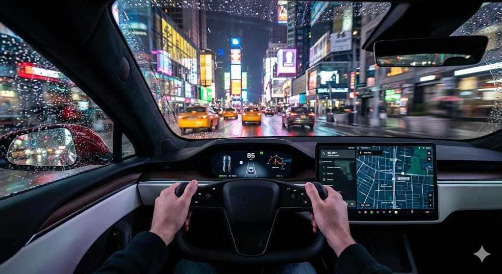 Cinematic First-Person Tesla Drive in Rain-Soaked Manhattan