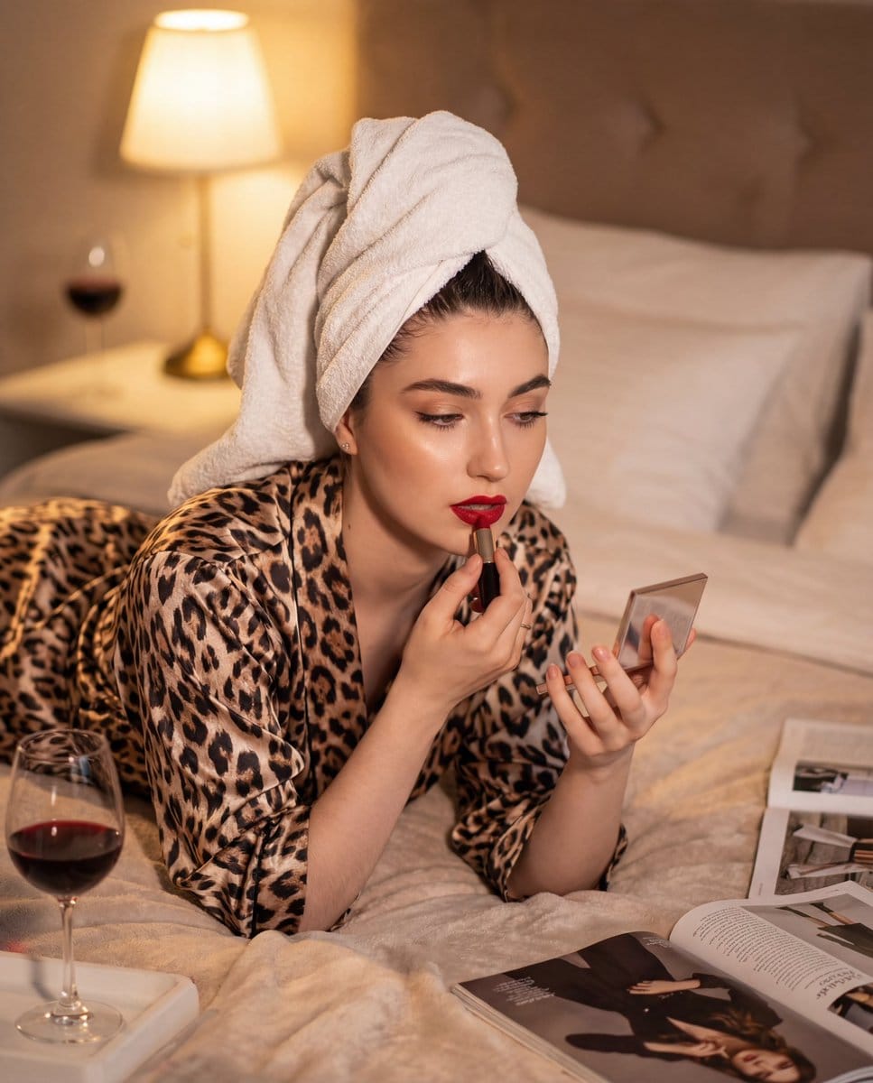 Cinematic Glamour Portrait Applying Lipstick