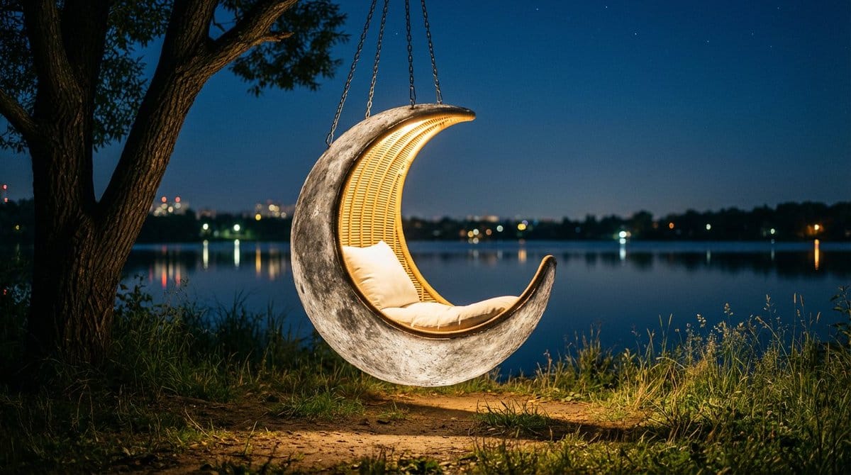 Cinematic lakeside hanging chair concept prompt with space object theme