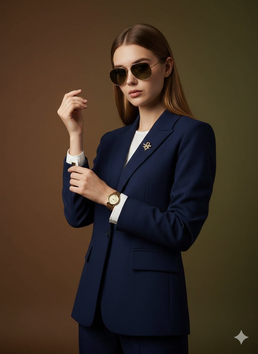 Cinematic Luxury Portrait of Woman Adjusting Cufflinks