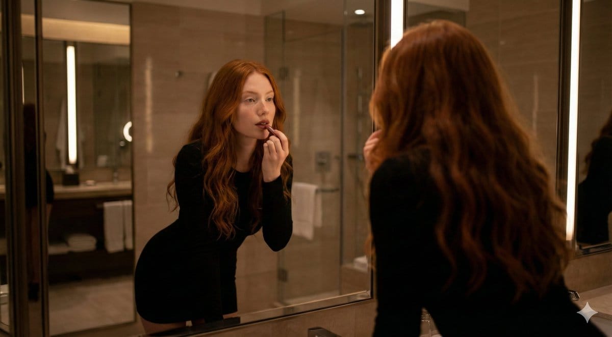 Cinematic Mirror Reflection of Woman Applying Lipstick