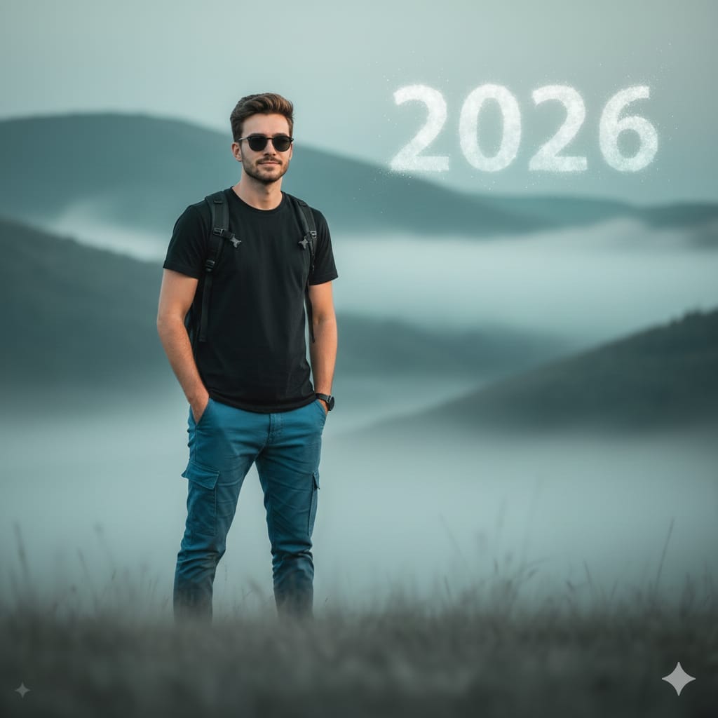 Cinematic Mountain Portrait with Floating Text - AI Prompt