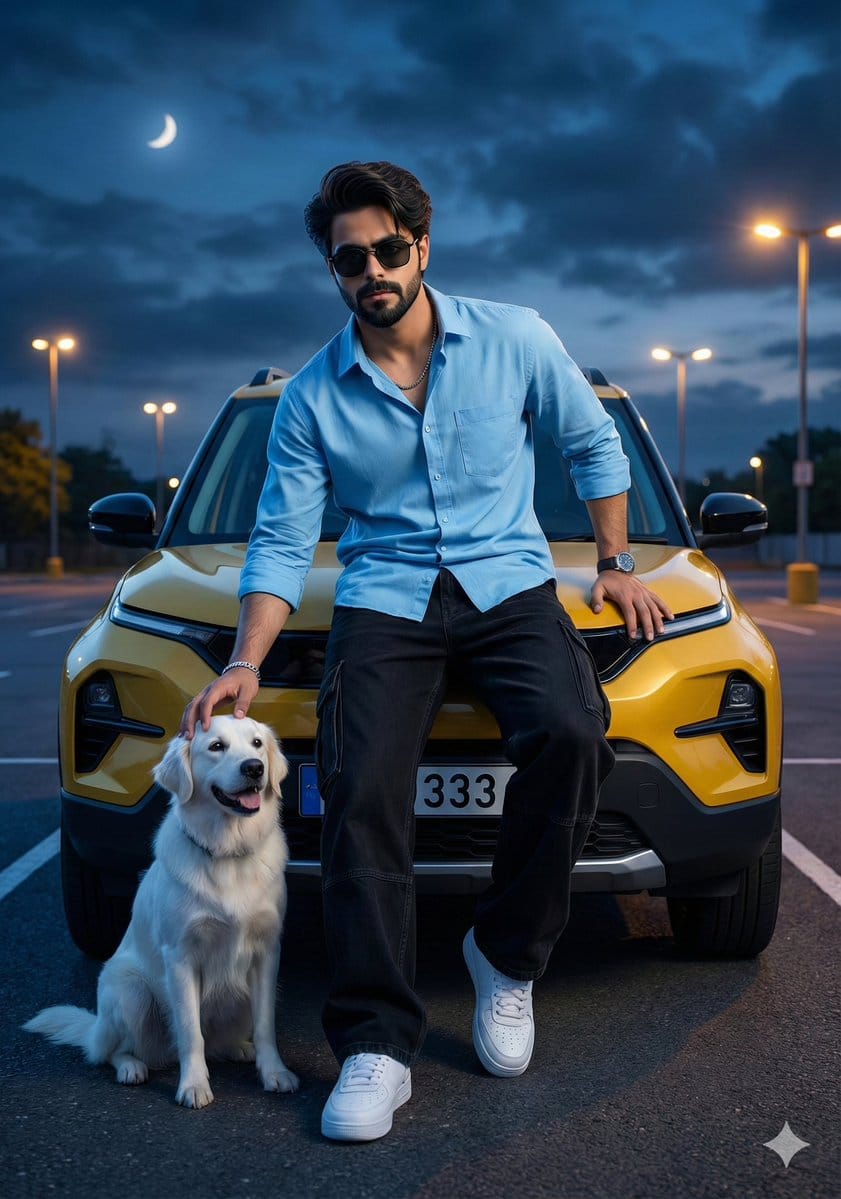 Cinematic Night Fashion Portrait with Luxury SUV and Dog