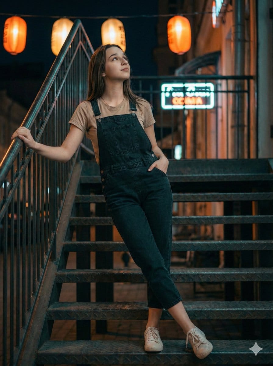 Cinematic Night Portrait on Urban Stairs