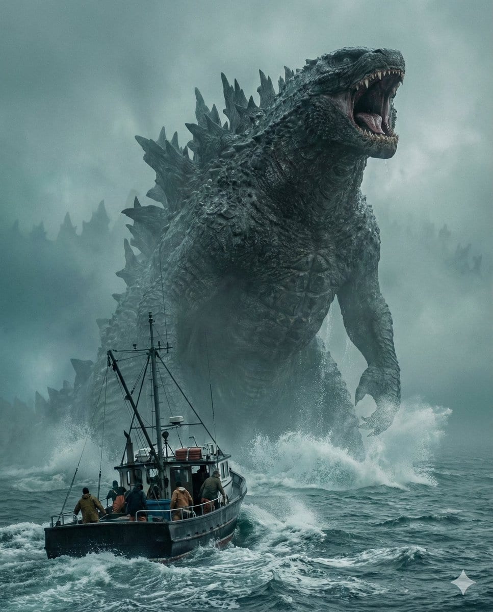 Cinematic Photorealistic Godzilla Encounter Prompt