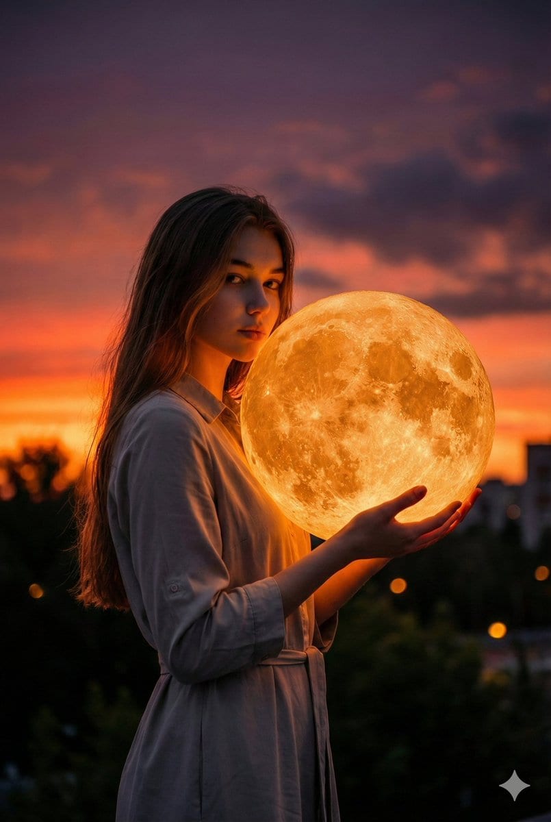 Cinematic Photorealistic Portrait Holding a Giant Glowing Moon