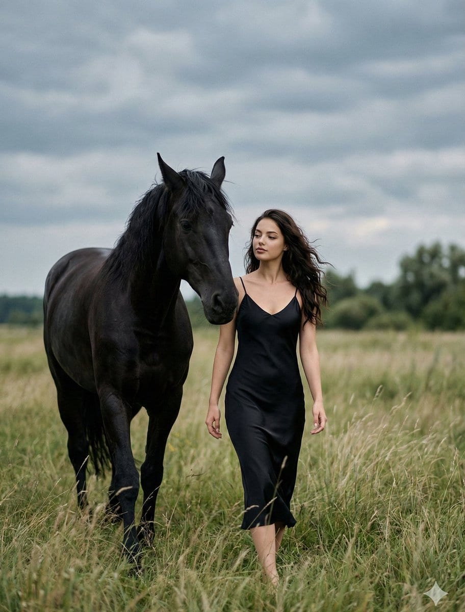 Cinematic Photorealistic Scene of Woman and Black Horse