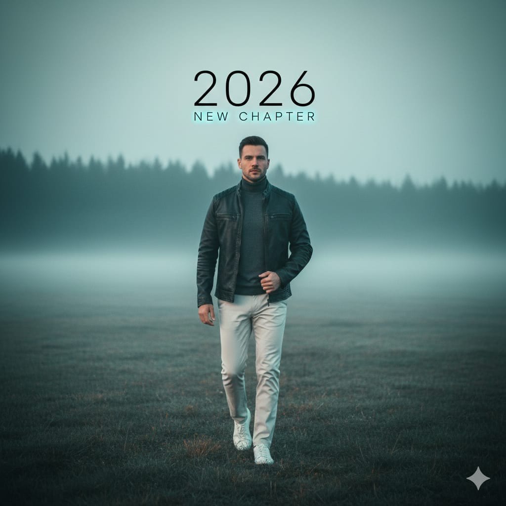 Cinematic Portrait: Man Walking in Foggy Meadow with Typography