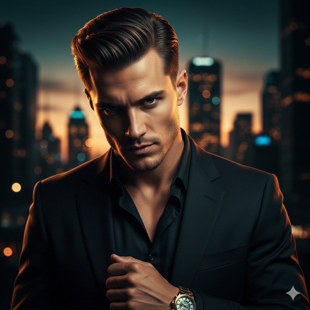 Cinematic Portrait of a Confident Young Man in an Urban Setting - AI Prompt