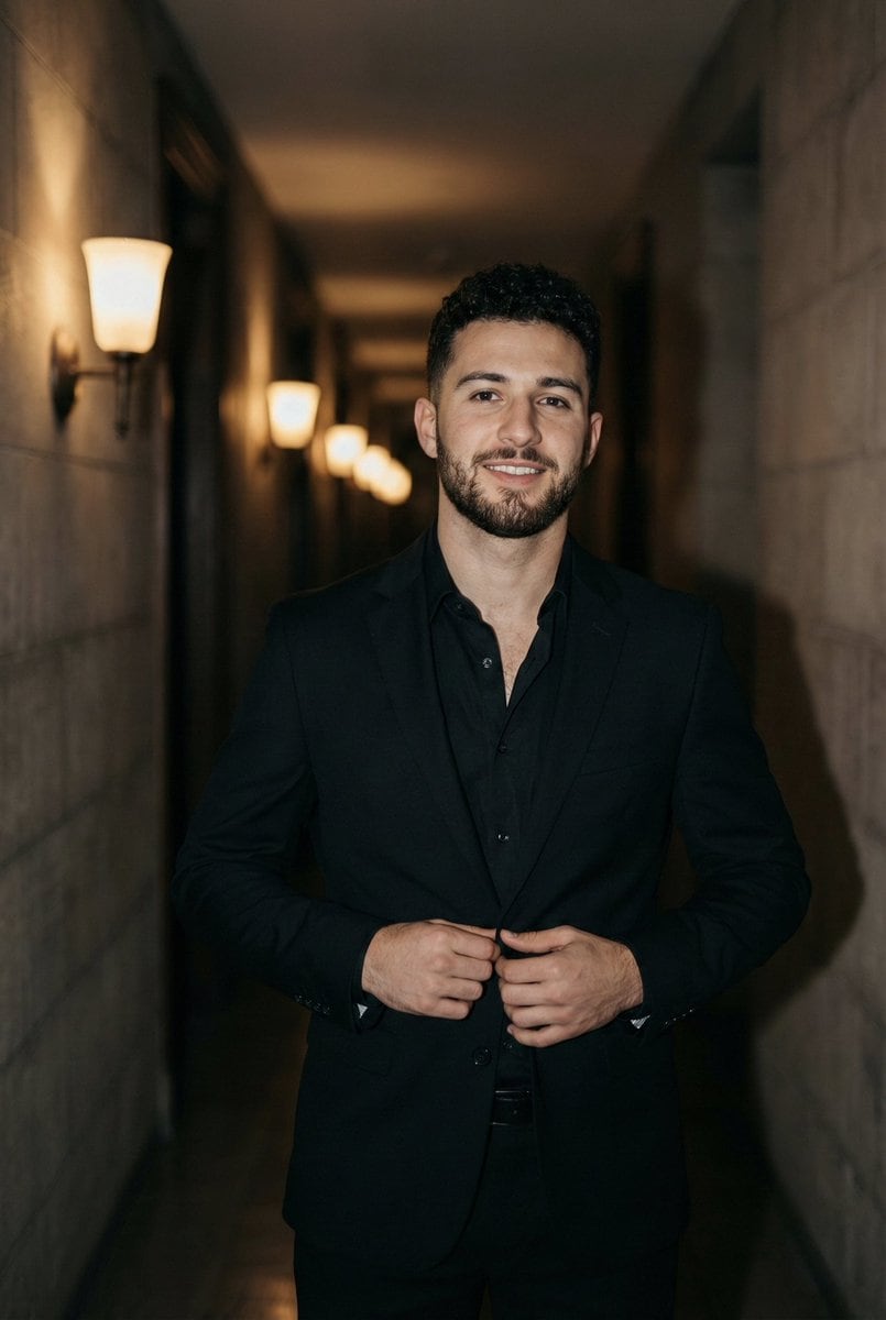 Cinematic Portrait of a Man in a Dimly Lit Hallway