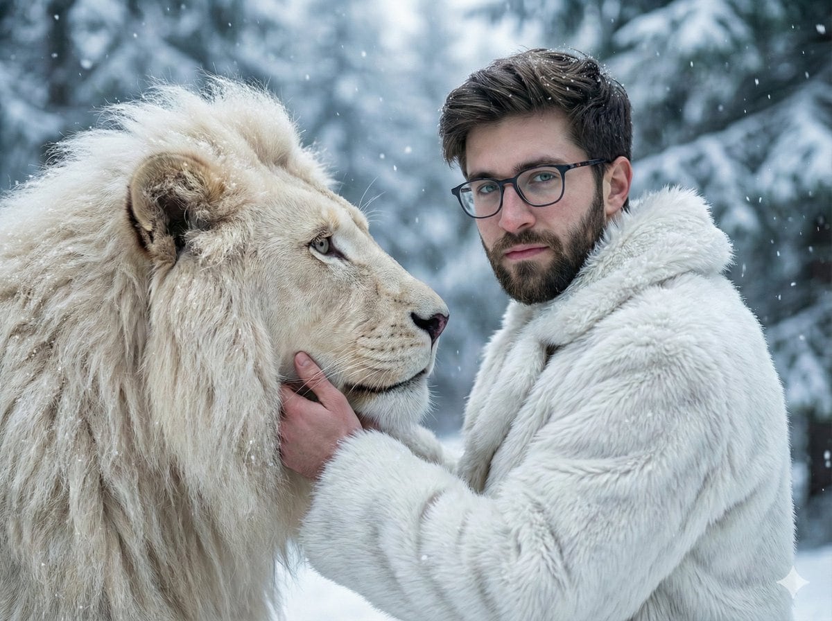 Cinematic Portrait of Man and White Lion in Snowy Forest