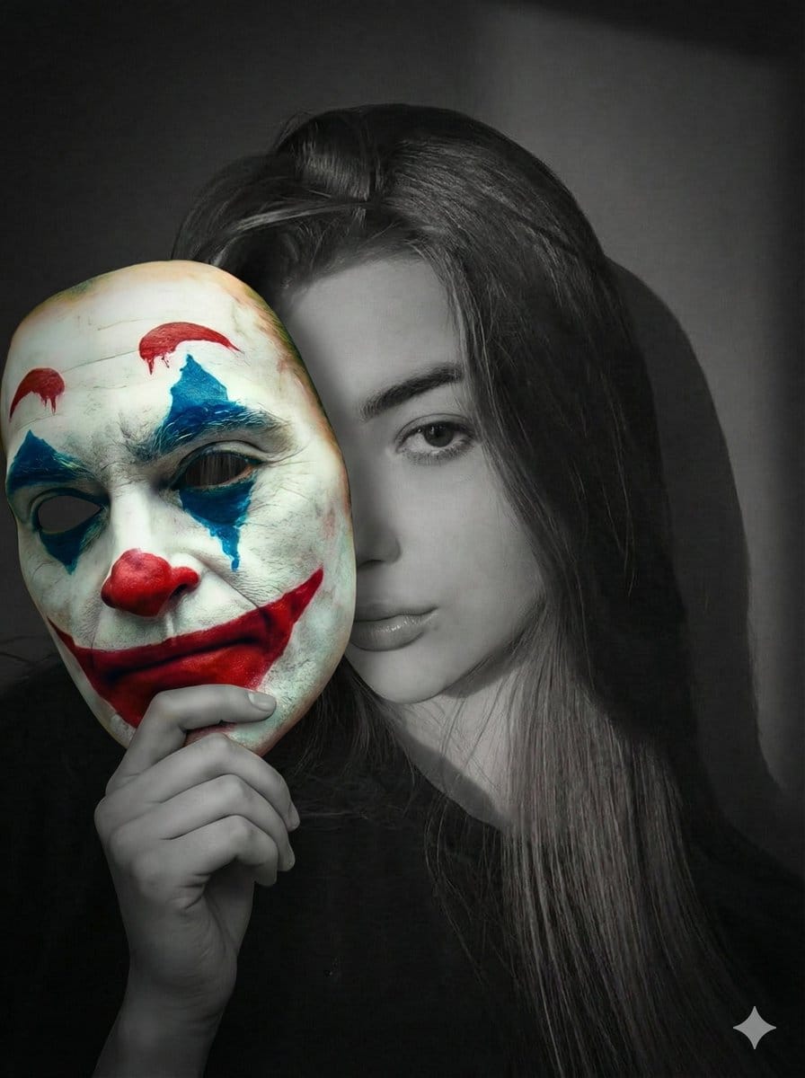 Cinematic Portrait Prompt: Grayscale Subject with Colorful Joker Mask