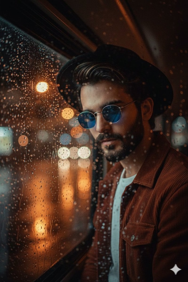 Cinematic Portrait Through Rain-Streaked Window Prompt