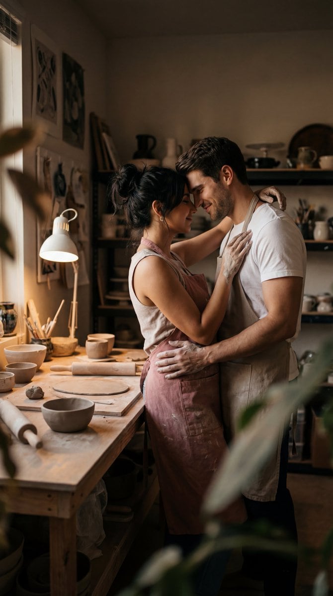Cinematic Pottery Studio Couple Embrace Prompt