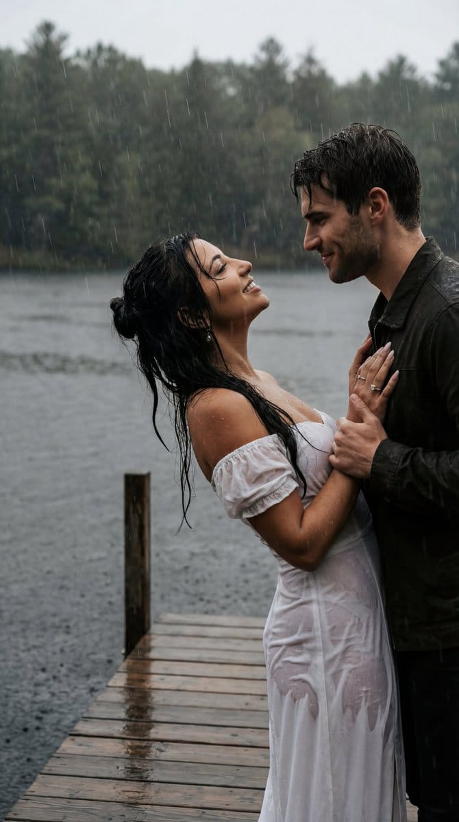 Cinematic Rainy Lakeside Couple Scene Prompt (Reference Lock)