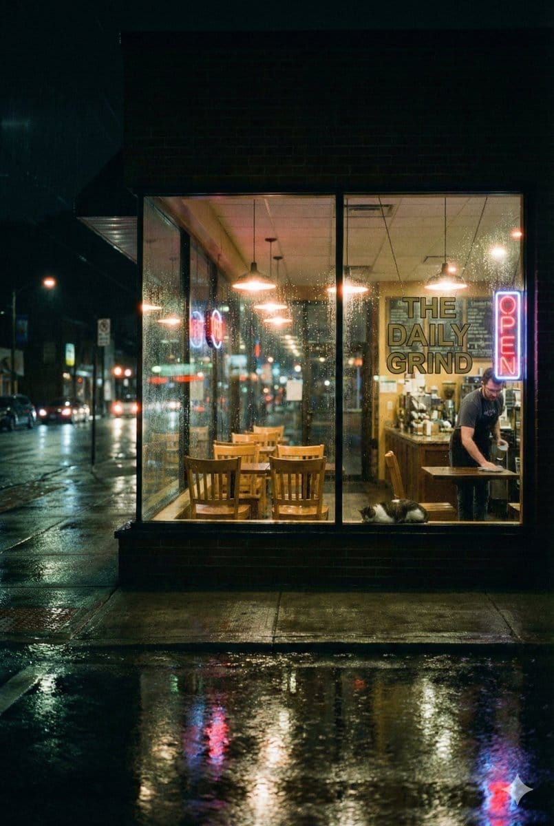 Cinematic Rainy Night Café Scene Prompt