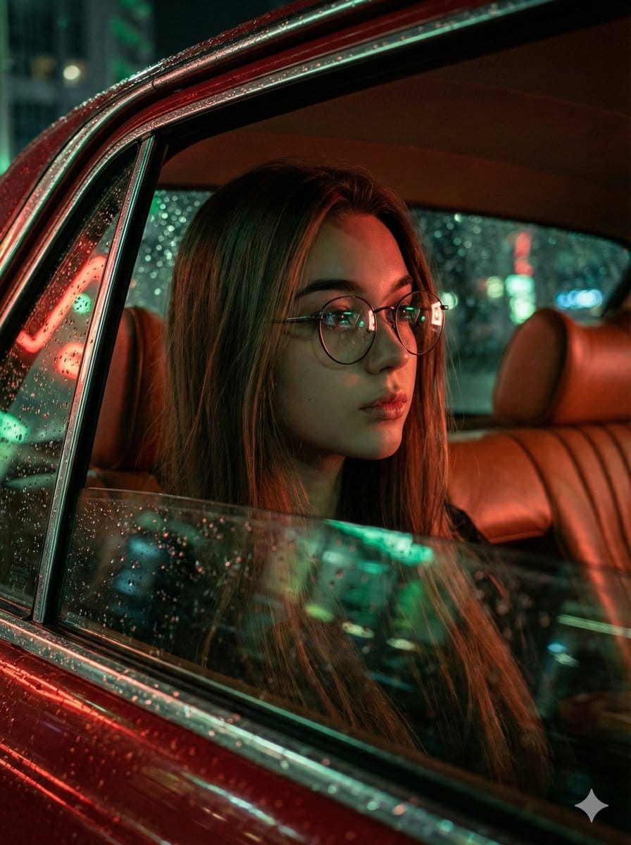 Cinematic Rainy Night Car Portrait Prompt