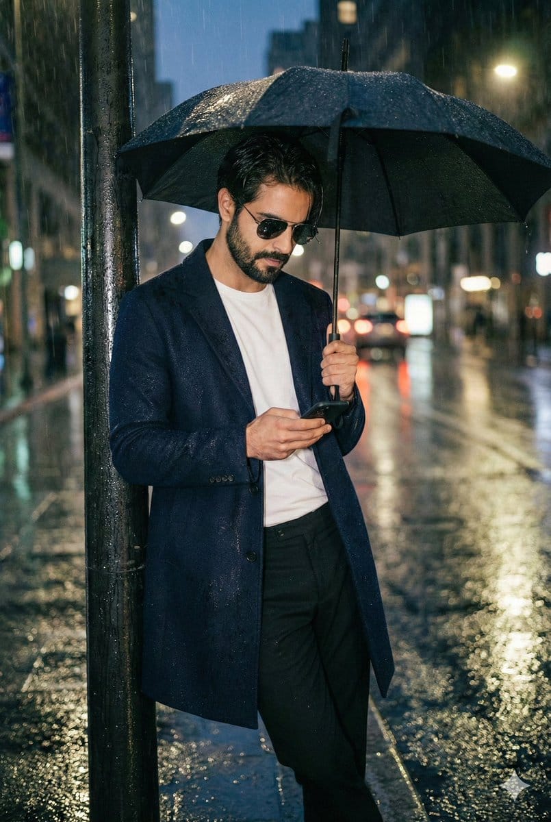 Cinematic Rainy Night Street Portrait of a Confident Man - AI Prompt