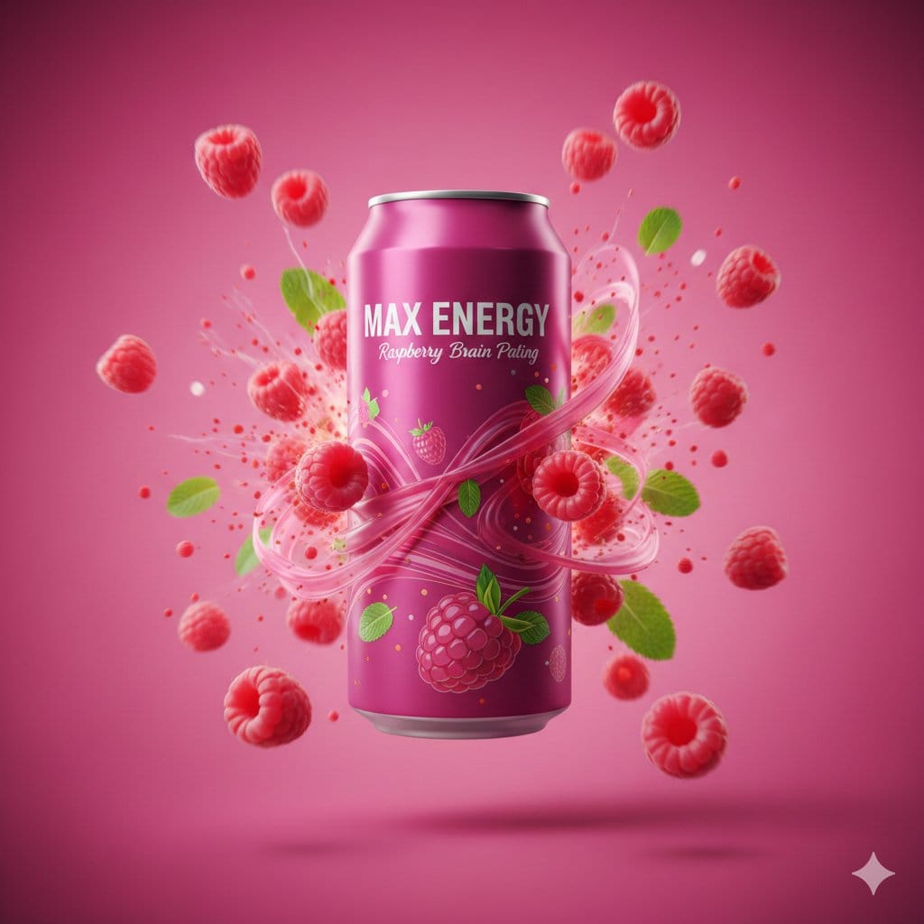 Cinematic Raspberry Energy Drink Ad Shot Prompt