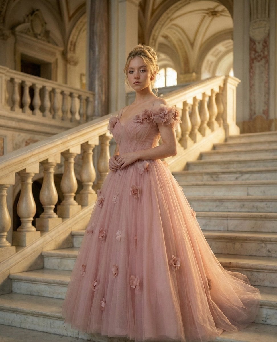 Cinematic Royal Portrait of Billie Eilish in Powder-Blue Gown