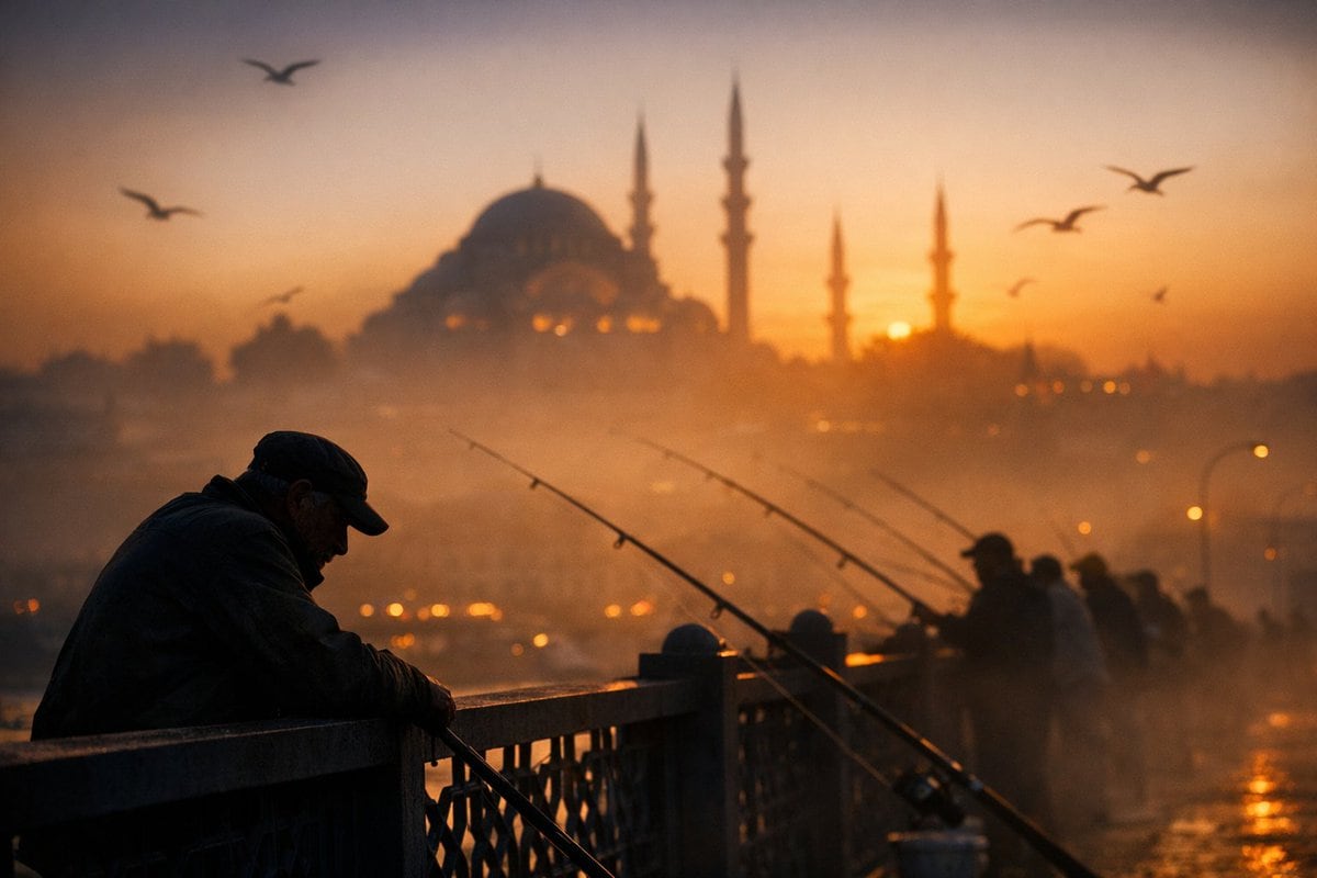 Cinematic Silhouette of Fishermen on Galata Bridge