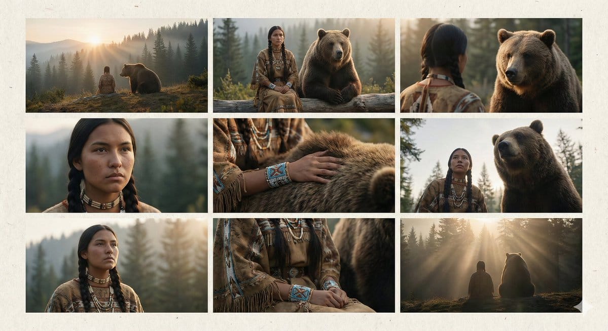 Cinematic Storyboard of Woman and Bear in Forest