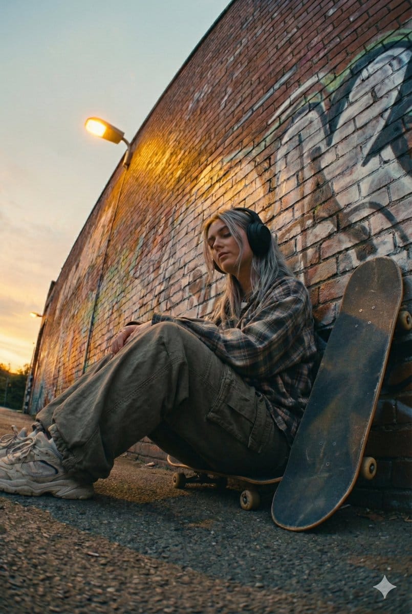 Cinematic Street Portrait of a Young Woman Listening to Music