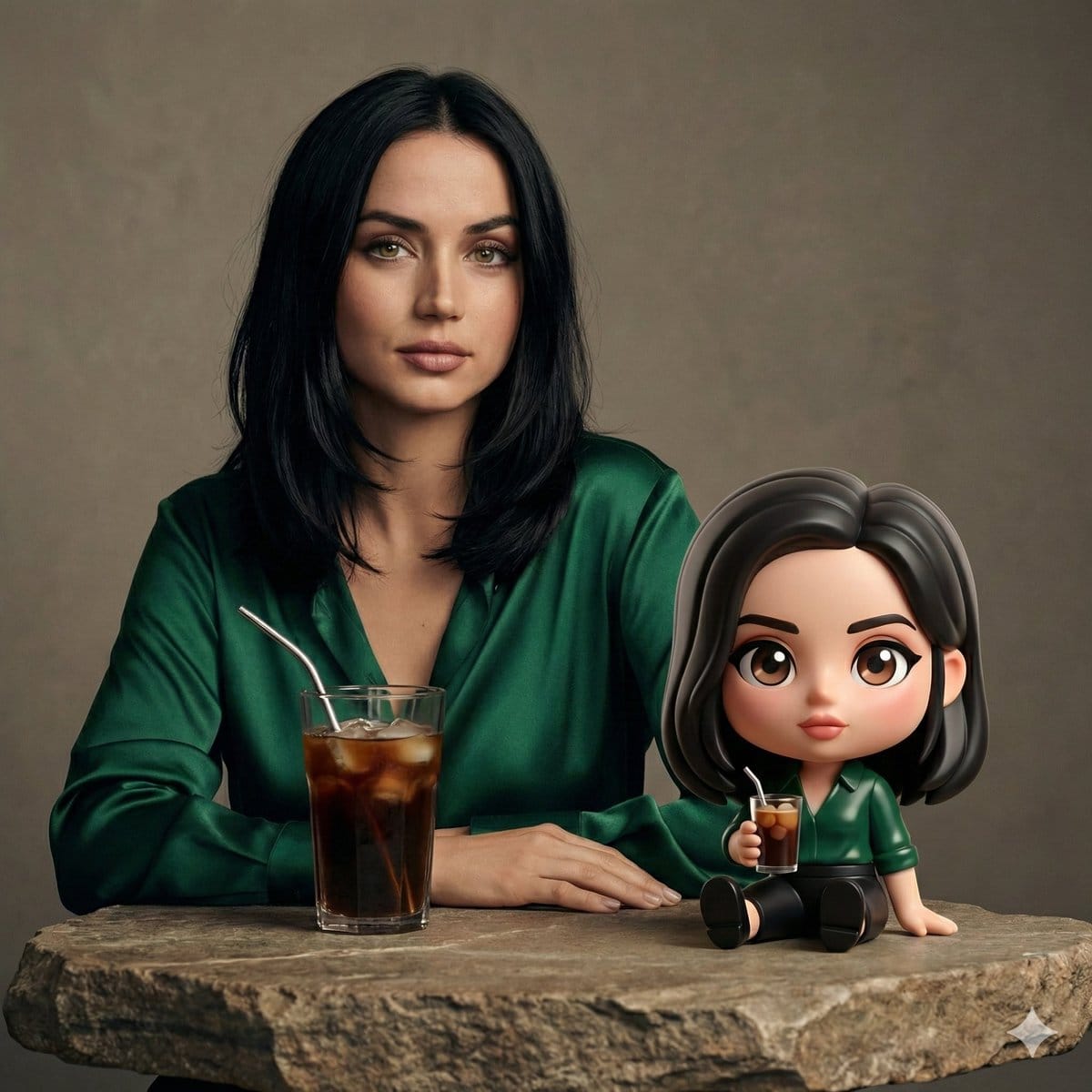 Cinematic Studio Portrait of Ana de Armas with Chibi Figure