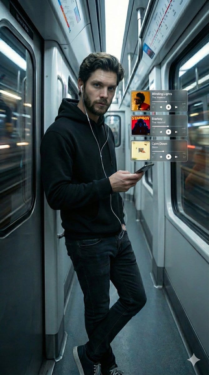 Cinematic Subway Portrait with Holographic Music UI