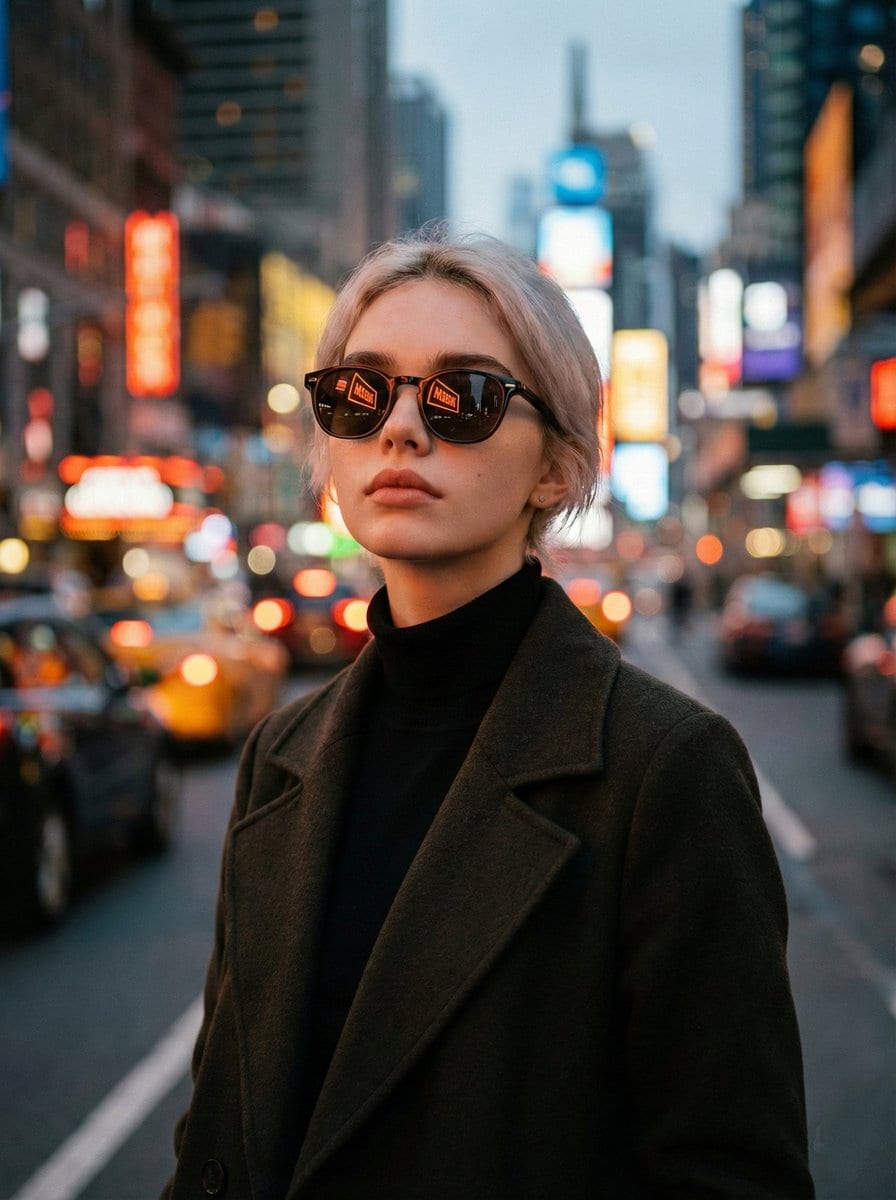 Cinematic Twilight City Portrait with Neon Reflections