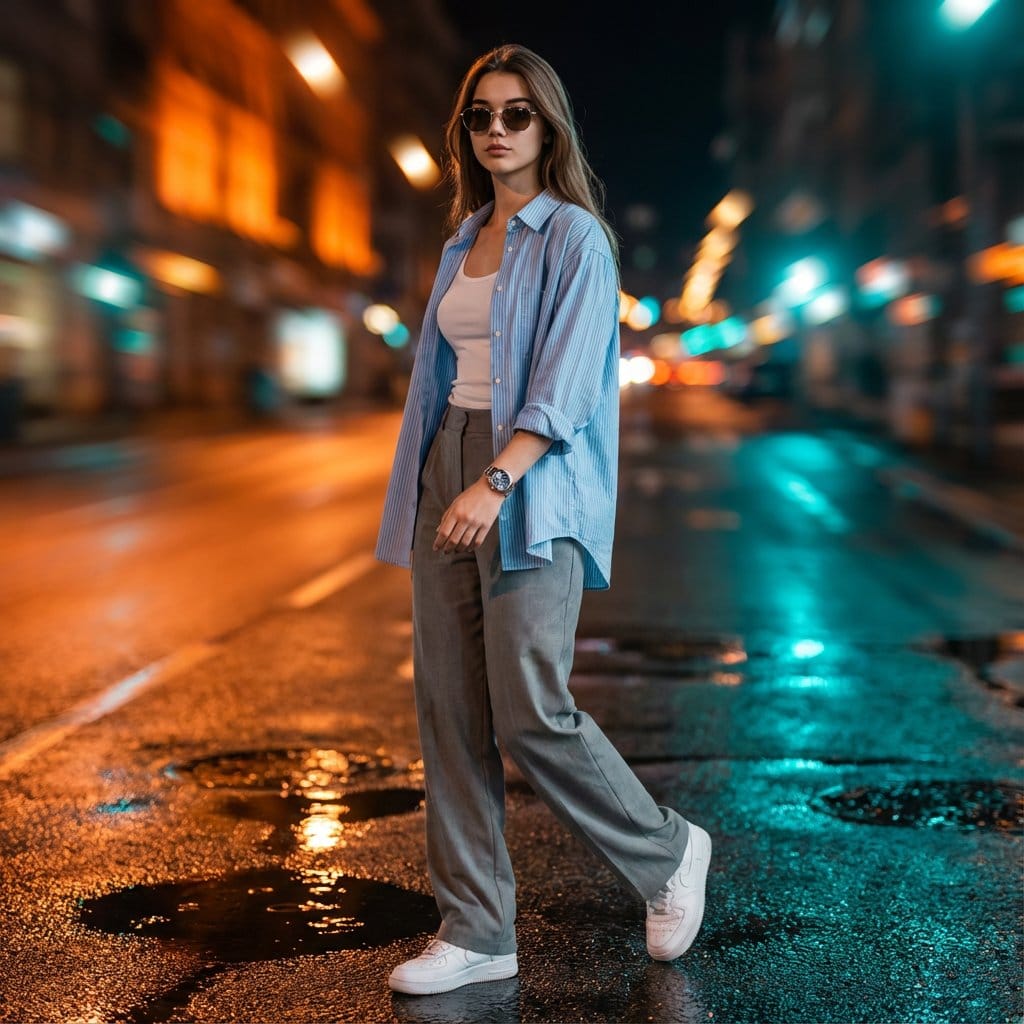 Cinematic Urban Night Portrait with Neon Reflections on Watch