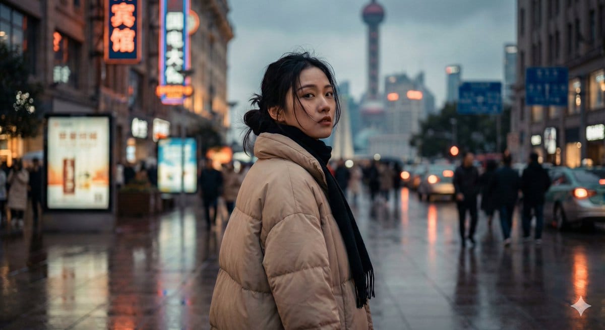 Cinematic Urban Portrait of a Young Woman in Shanghai