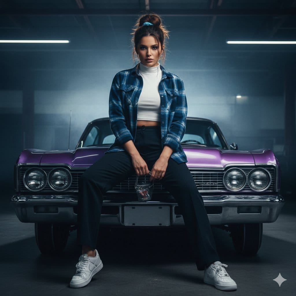 Cinematic Urban Rebel Portrait on Lowrider