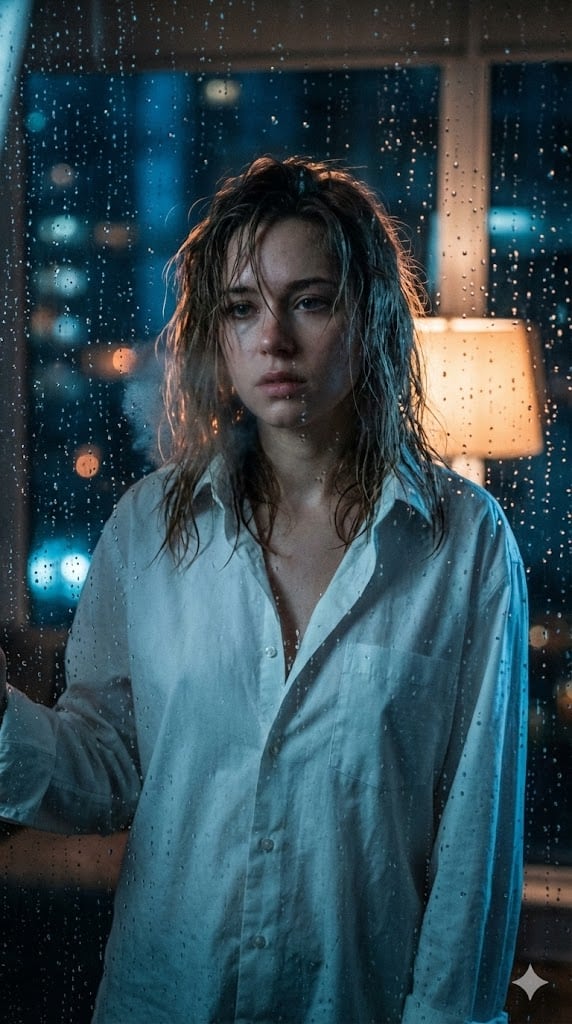 Cinematic Voyeuristic Portrait through Rain-Streaked Window