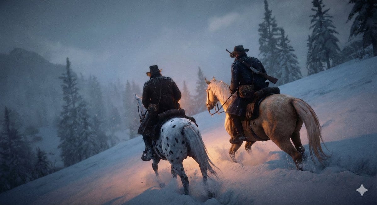 Cinematic Western Scene with Horseback Riders in Snow