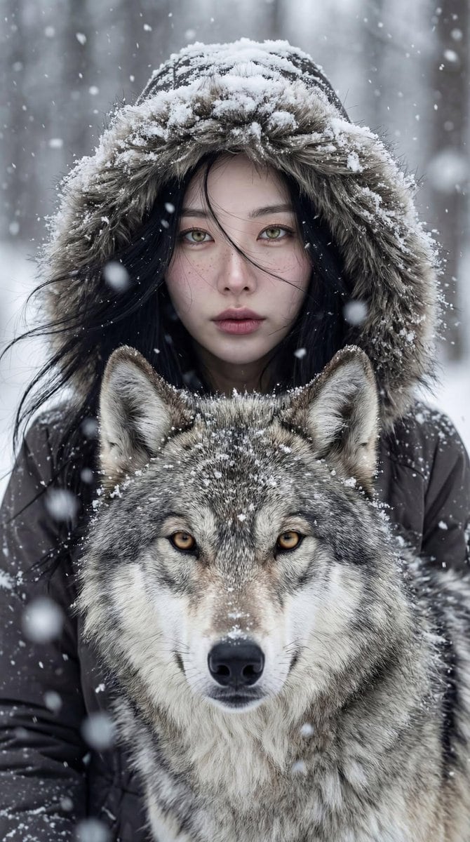Cinematic Winter Portrait: Woman and Wolf