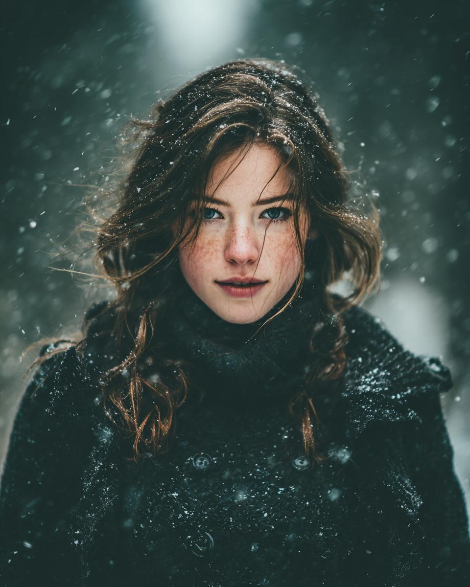 Cinematic Winter Portrait with Snowfall