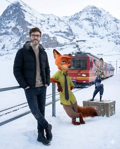 Cinematic Winter Travel Scene with Zootopia Characters