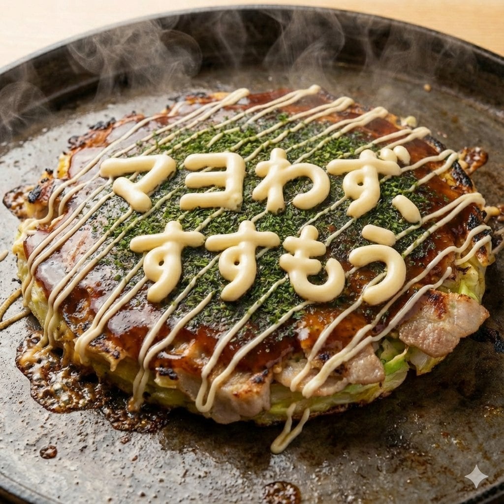 Close-up 1:1 image of hot okonomiyaki