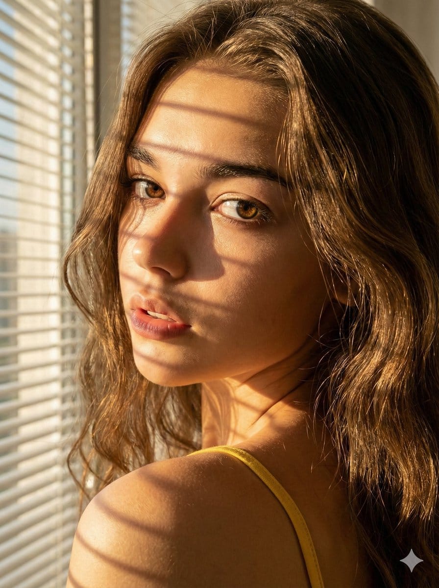 Close-up Portrait with Window Blind Shadows