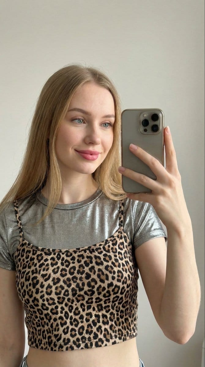 Close-up Selfie of a Woman in Leopard Print and Metallic Shirt