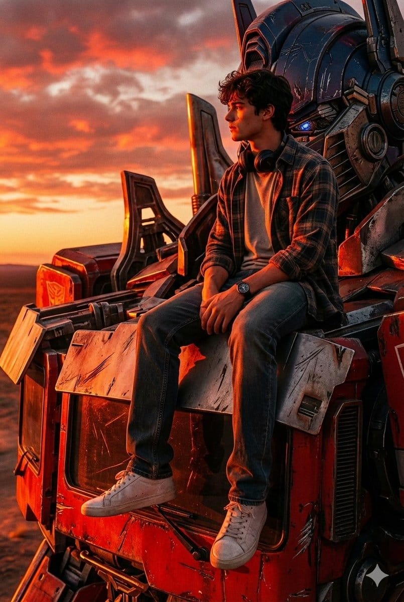 Colossal Optimus Prime and Human Cinematic Photo Prompt