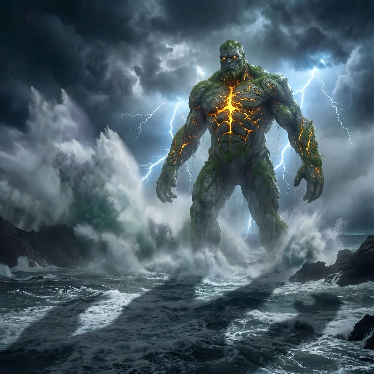 Colossal Stone Titan Rising from Ocean