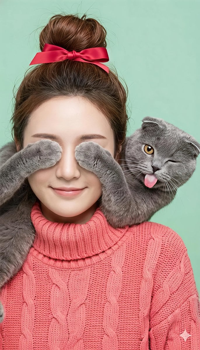 Comical Portrait of Woman with Winking Cat